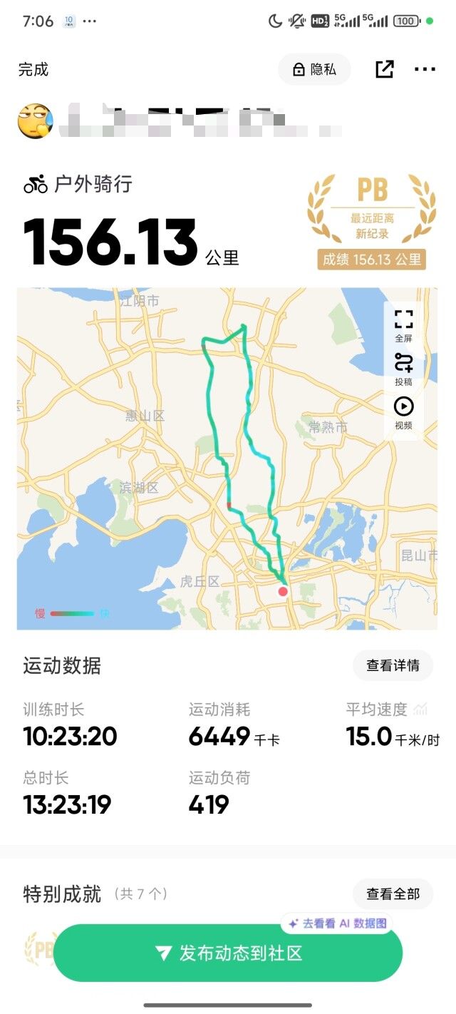 骑行记录截图：156.13 公里